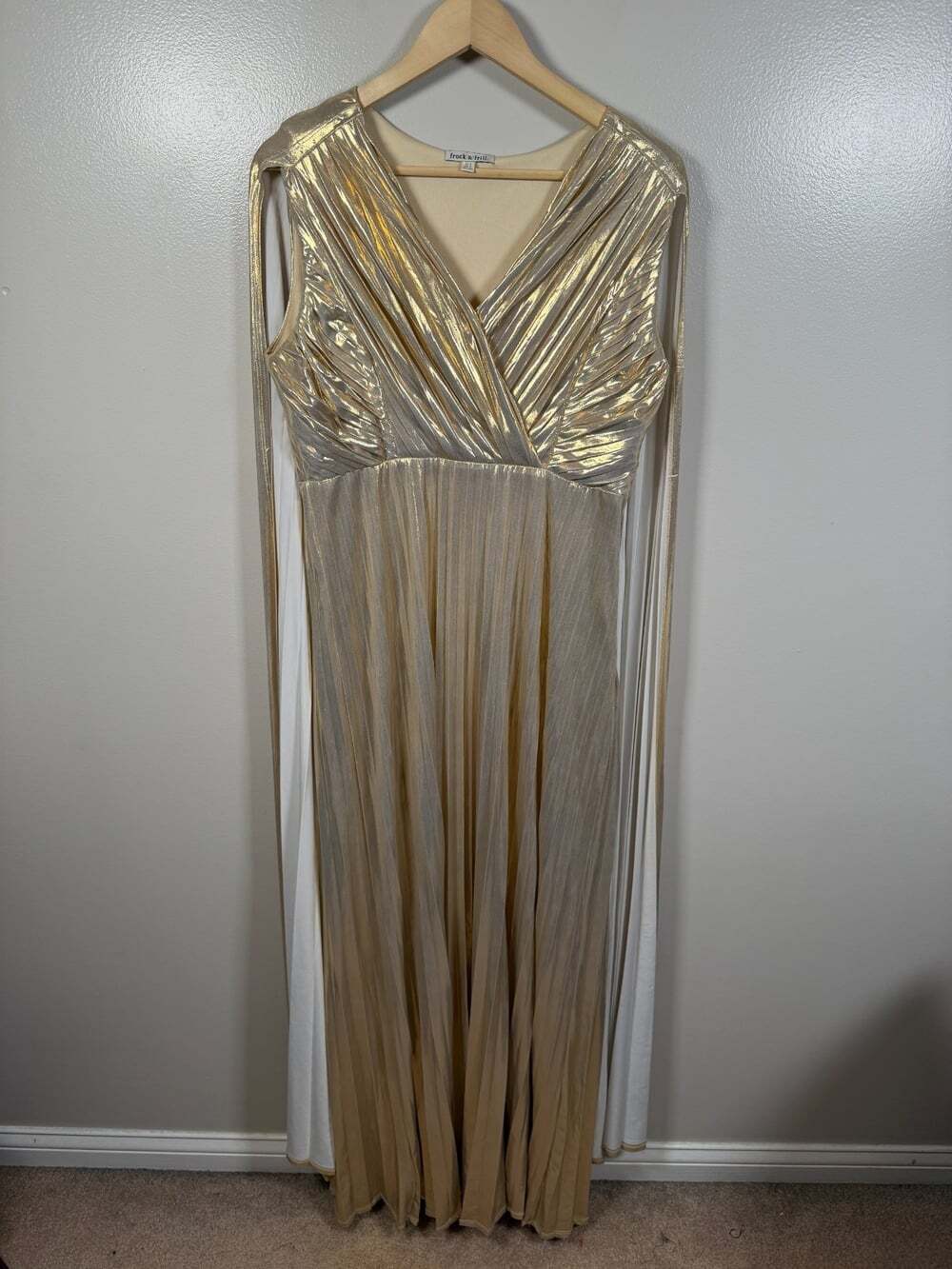 Frock & Frill Grecian Cape Maxi Dress Size 12 Gold Disco Glam Goddess Event